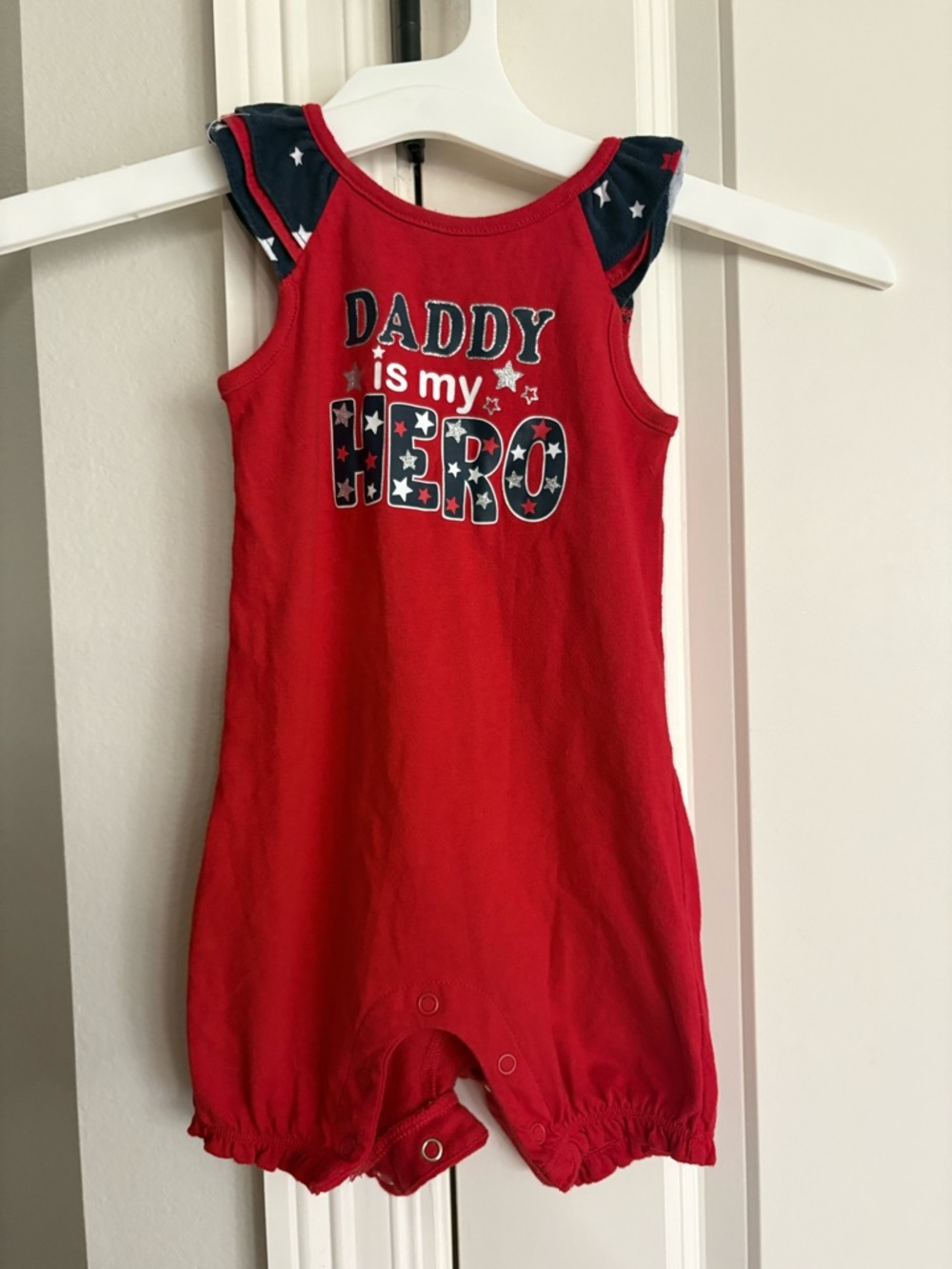 “Daddy Is My Hero” red white blue sleeveless one piece 6-9 months GUC